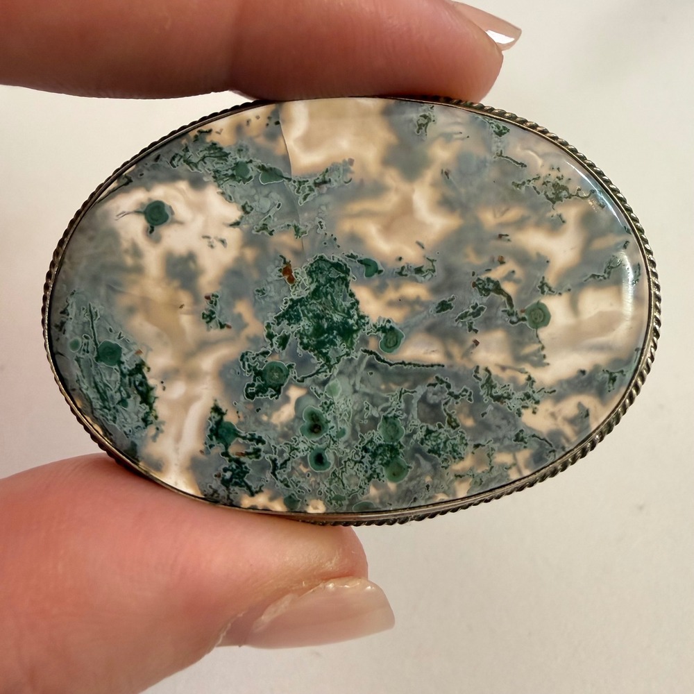 Large Stone! Antique Moss Agate Oval Brooch Pin Twisted Silver Rope C Clasp